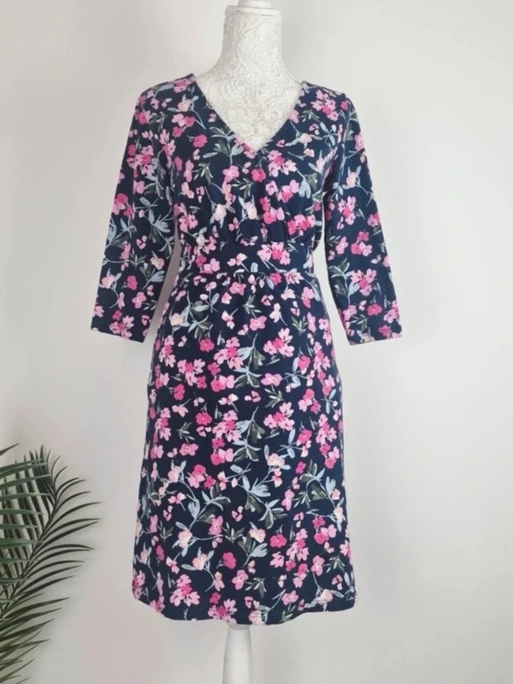 Navy Floral Wrap-Style Maxi Dress with Pink Blossoms